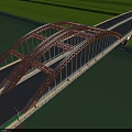 Sturdy Red Steel Arch Bridge Spanning Over Wide River With Dedicated Road And Pedestrian Paths