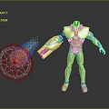 Robot Character With Green Gold Armor Glowing Head Arm Device And Blue Energy Orb