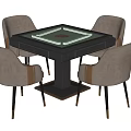 Square Entertainment Table With Green Surface Surrounded By Four Light Brown Chairs With Black Legs