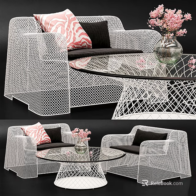 White Woven Outdoor Sofa With Black Cushions Pink Patterned Pillows And Glass Coffee Table 3d model 
