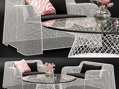 White Woven Outdoor Sofa With Black Cushions Pink Patterned Pillows And Glass Coffee Table 3d model