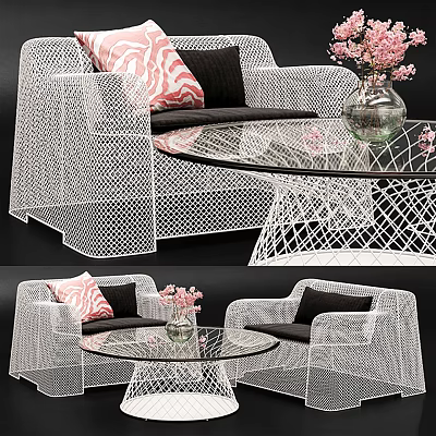 White Woven Outdoor Sofa With Black Cushions Pink Patterned Pillows And Glass Coffee Table 3d model