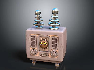 Cute Retro Speaker with Beige Square Body Silver Spiral Antennas Cat Face and Yellow Eyes 3d model