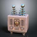Cute Retro Speaker with Beige Square Body Silver Spiral Antennas Cat Face and Yellow Eyes