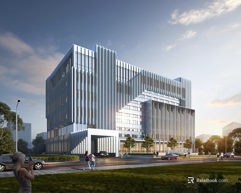 Modern Office Building Exterior With Glass Curtain Wall Pedestrians And Green Surroundings 3d model 