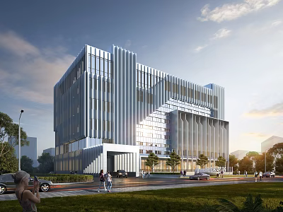 Modern Office Building Exterior With Glass Curtain Wall Pedestrians And Green Surroundings 3d model