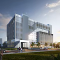 Modern Office Building Exterior With Glass Curtain Wall Pedestrians And Green Surroundings