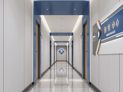 Modern Office Corridor Interior Design With Sleek Lighting Polished Flooring And Side Doors 3d model