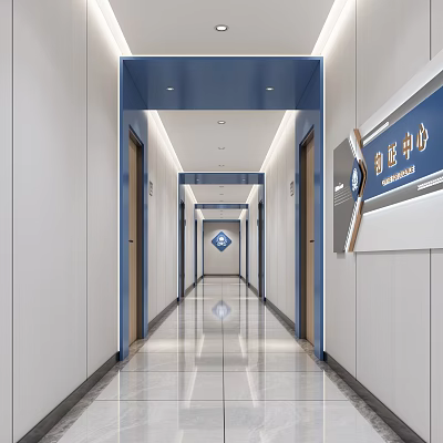 Modern Office Corridor Interior Design With Sleek Lighting Polished Flooring And Side Doors 3d model