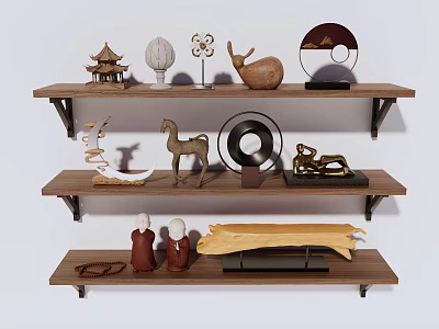 Decorative Ornament Set On Wooden Shelves With Oriental Designs And Mixed Materials 3d model