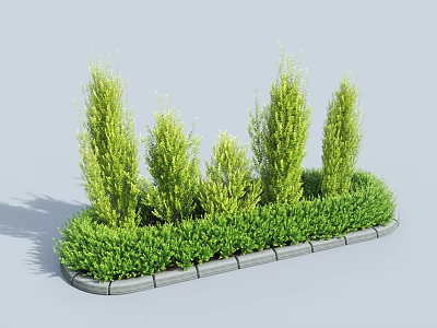 Lush Green Shrubs With Various Heights Arranged In Curved Stone Border 3d model