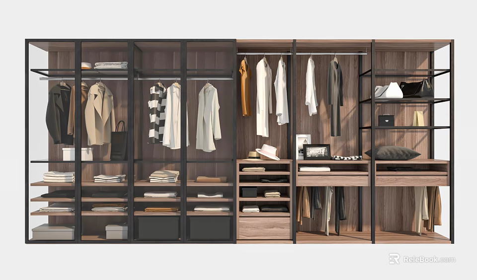 Modern Wardrobe Interior Design With Wooden Metal Frame Hanging Folded Clothes And Storage Shelves 3d model 