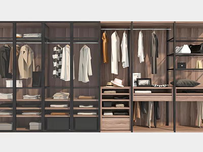 Modern Wardrobe Interior Design With Wooden Metal Frame Hanging Folded Clothes And Storage Shelves 3d model