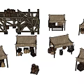 Ancient Market Scene With Straw Roof Tents Wooden Stalls And Barrels