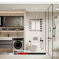 Modern Bathroom Interior Design With Washing Machine Toilet Glass Shower Vanity And Mirror