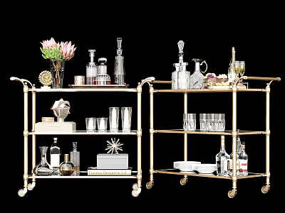 Elegant Golden Commercial Serving Trolleys With Multi Tiered Shelves Glassware Bottles And Vases 3d model