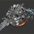 Winged Armored Game Movie Character Battling Blue Warrior On Rock Base With Flames
