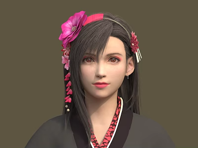 Game Movie Character with Long Black Hair Pink Flower Red Headband Floral Ornaments Dark Outfit 3d model