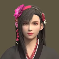 Game Movie Character with Long Black Hair Pink Flower Red Headband Floral Ornaments Dark Outfit