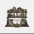 Elegant Dinnerware Set Display On Wooden Metal Kitchen Shelf With Green Plants
