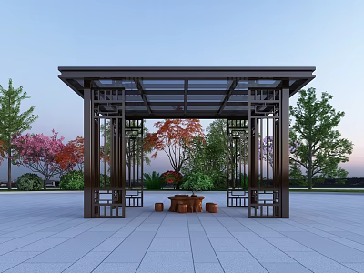 Modern Landscape Pavilion with Black Frame Transparent Roof Stone Furniture and Colorful Trees in Square 3d model