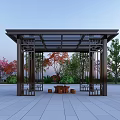 Modern Landscape Pavilion with Black Frame Transparent Roof Stone Furniture and Colorful Trees in Square