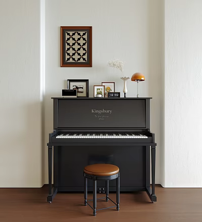 Black Upright Piano Musical Instrument with Quilted Wall Art Photo Frames Brass Lamp Dried Flowers 3d model