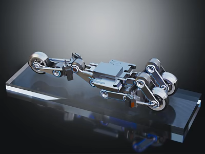 Metallic Motorcycle Mechanical Chassis Model On Transparent Display Stand With Wheels 3d model