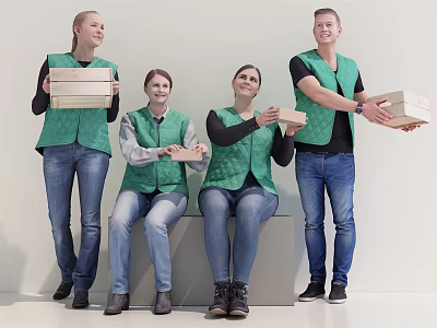 Delivery Team in Green Vests and Jeans Holding Cardboard Boxes Standing and Sitting 3d model