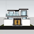 Modern Detached Villa Exterior With Yellow Front Door Steps And Balcony Glass Railing Greenery Lawn