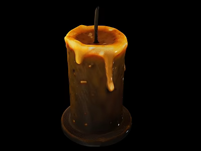 Yellow Cylindrical Candle With Dripping Wax And Black Wick On Base 3d model