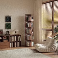 Tall Rotating And Low Drawer Bookcases In Room With Window Blinds Cozy Chair