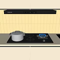 Kitchen Appliances with Range Hood Gas Stove Pot Blue Flame Beige Tiled Wall Light Cabinets