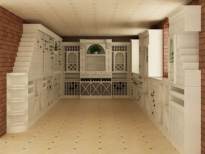Traditional Wine Cellar Interior Design With White Wine Racks Brick Walls Staircase And Tile Floor 3d model