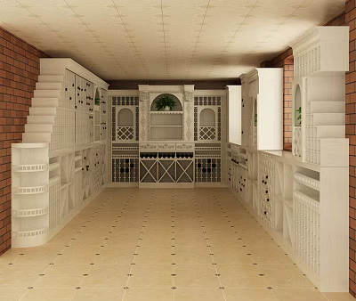 Traditional Wine Cellar Interior Design With White Wine Racks Brick Walls Staircase And Tile Floor 3d model
