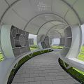 Outdoor Garden Reading Corridor With White Arched Structure Green Lawn And Benches