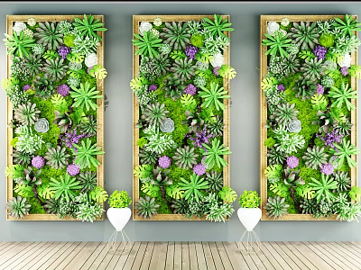 Vertical Green Plant Wall Design With Various Greenery Purple Flowers And Wooden Frames 3d model