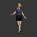 Blonde woman in blue shirt and black skirt with hands naturally open against gray background