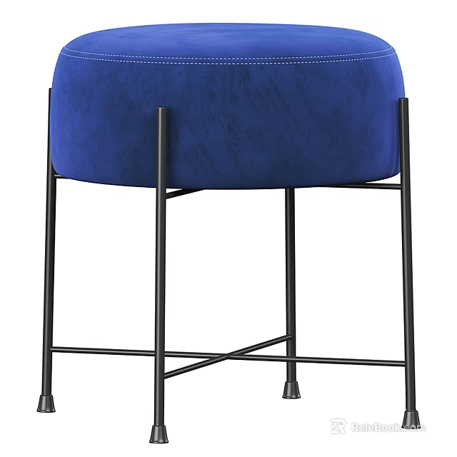 Stylish Blue Velvet Ottoman With Stitched Details And Black Metal Legs 3d model 
