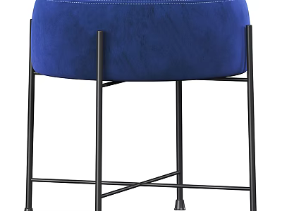 Stylish Blue Velvet Ottoman With Stitched Details And Black Metal Legs 3d model