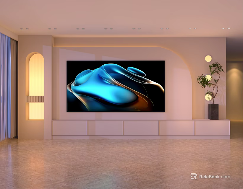 Modern TV Background Wall Design With Curved Lighting And Decorative Plants 3d model 