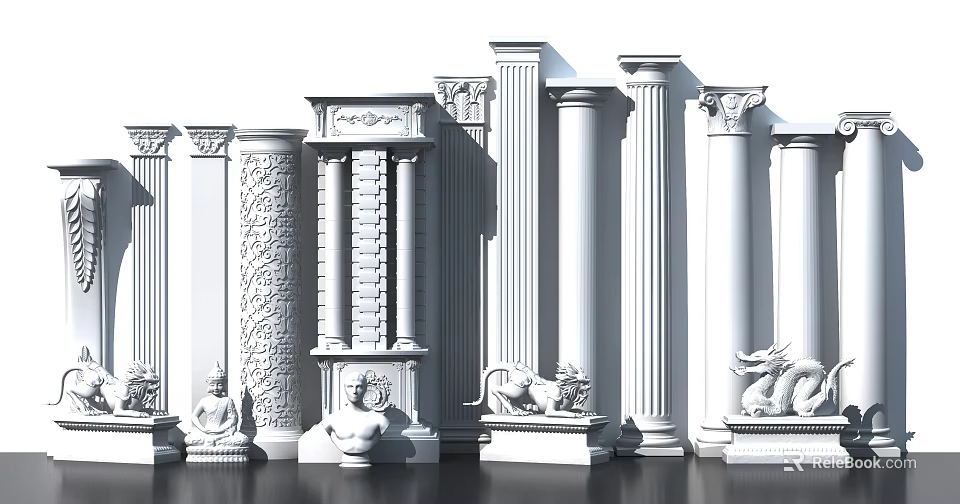 Classical Roman Columns In Various Styles With Carved Details And Decorative Statues 3d model 