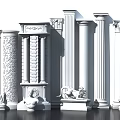 Classical Roman Columns In Various Styles With Carved Details And Decorative Statues