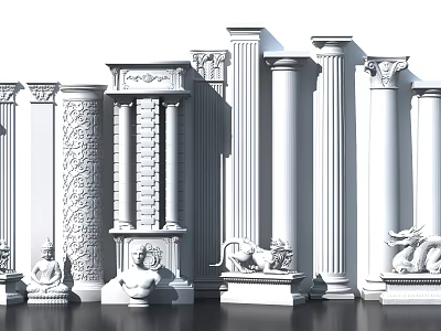 Classical Roman Columns In Various Styles With Carved Details And Decorative Statues 3d model