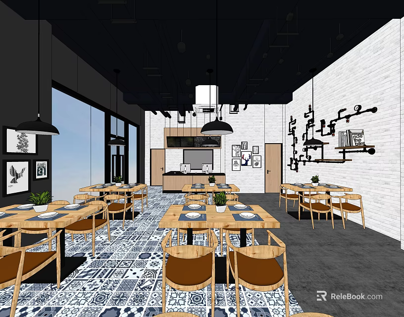 Modern Restaurant Interior With Wooden Tables Chairs Black White Patterned Floor And Open Kitchen 3d model 