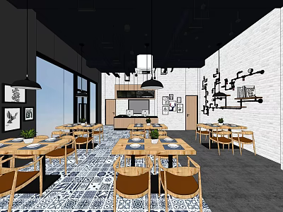 Modern Restaurant Interior With Wooden Tables Chairs Black White Patterned Floor And Open Kitchen 3d model
