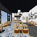 Modern Restaurant Interior With Wooden Tables Chairs Black White Patterned Floor And Open Kitchen