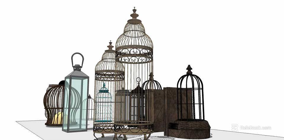 Decorative Ornament Set With Vintage Metal Birdcages And Glass Lanterns For Home Decor 3d model 