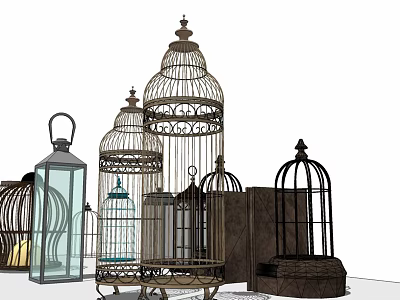 Decorative Ornament Set With Vintage Metal Birdcages And Glass Lanterns For Home Decor 3d model