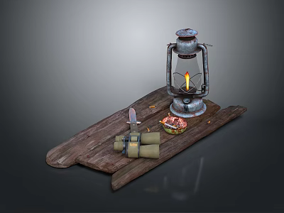 Vintage Lantern Lighting Set With Wooden Board Knife Binoculars And Small Box 3d model